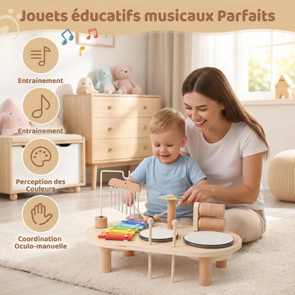 Table Musicale Bébé – Instrument de musique Montessori 1-6 ans | Xylophone Batterie Cloches | Bois EN71