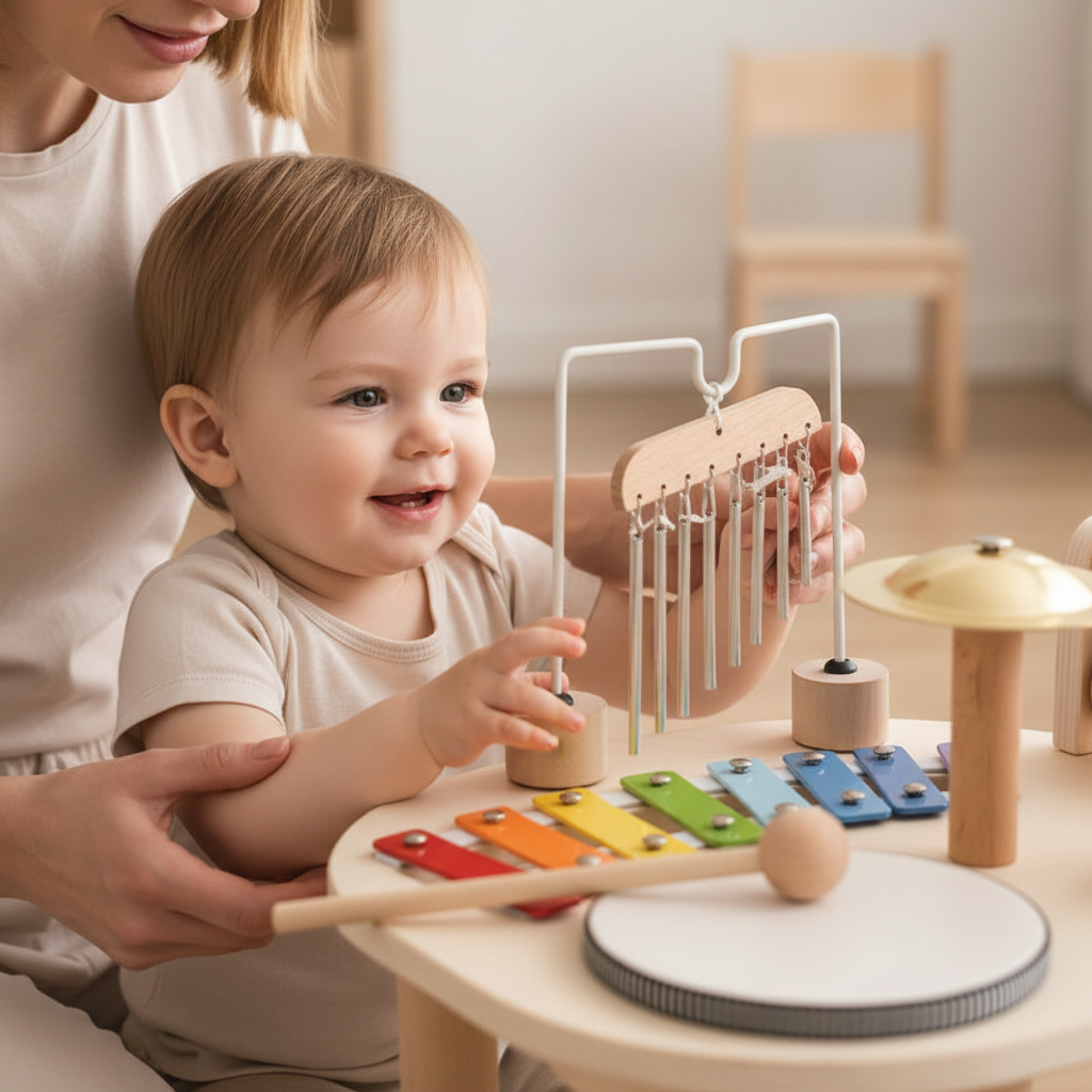 Enfant découvrant les cloches éoliennes