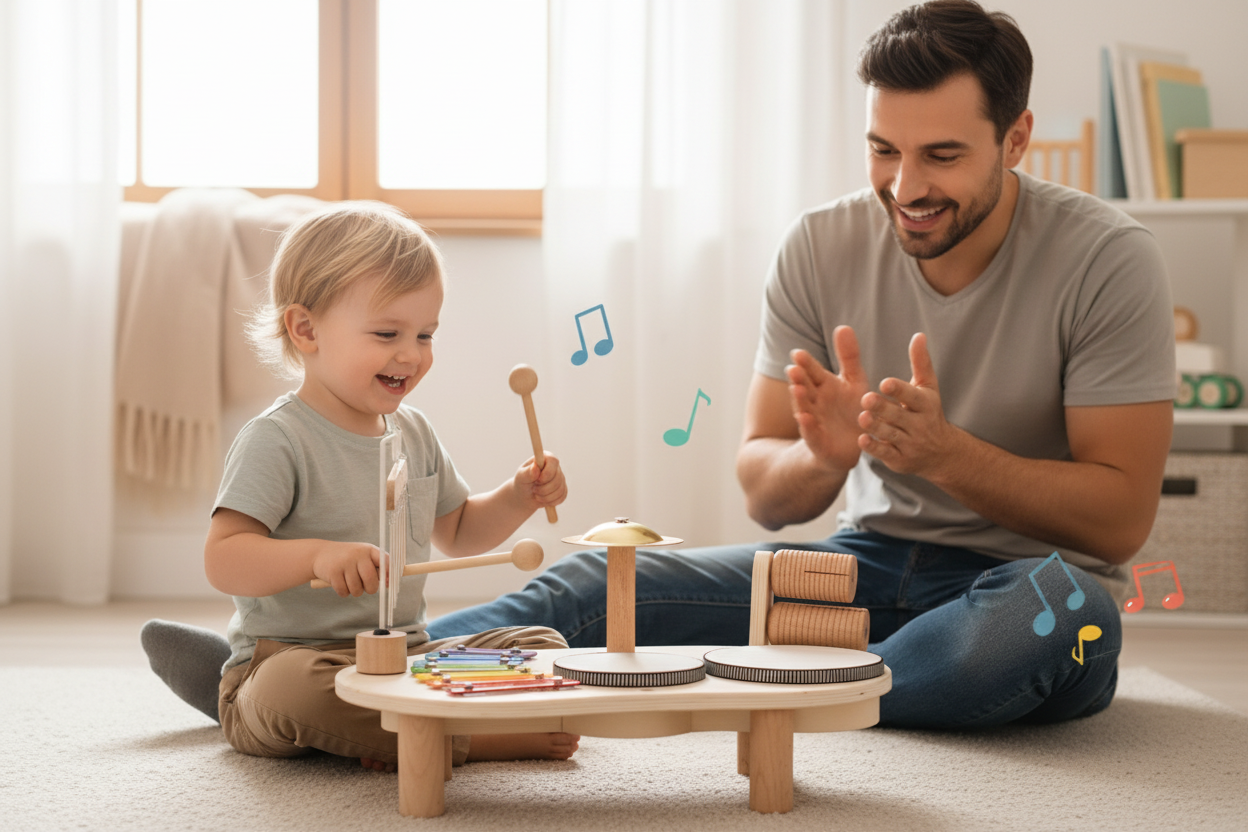Enfant jouant des tambours avec papa