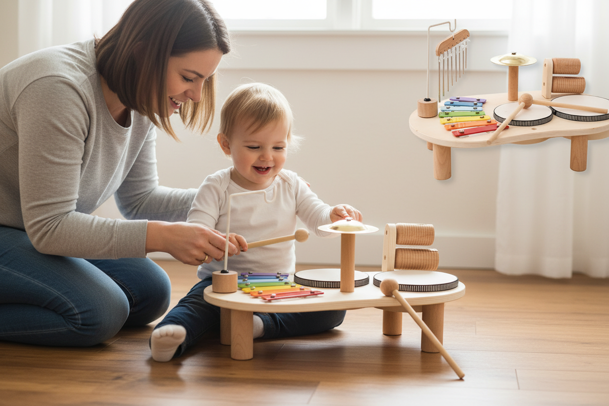 Enfant jouant du xylophone avec parent