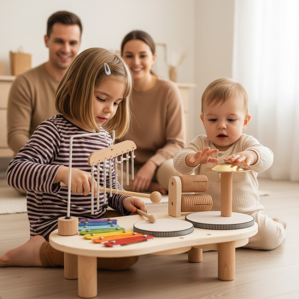 Fratrie jouant ensemble à la table musicale