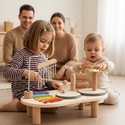 Fratrie jouant ensemble à la table musicale