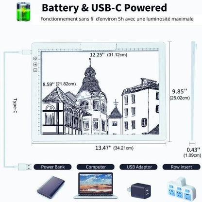 Tablette Lumineuse, Bloc LED A4 de Traçage, autonomie