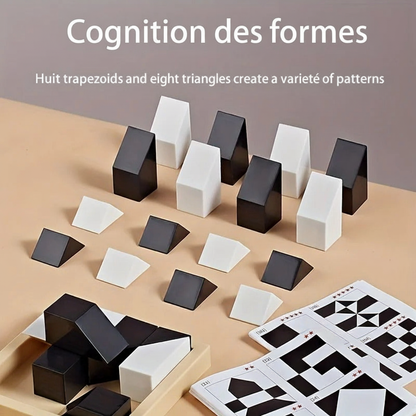 Tangram puzzle bois noir blanc - cognition des formes géométriques - 8 trapèzes 8 triangles