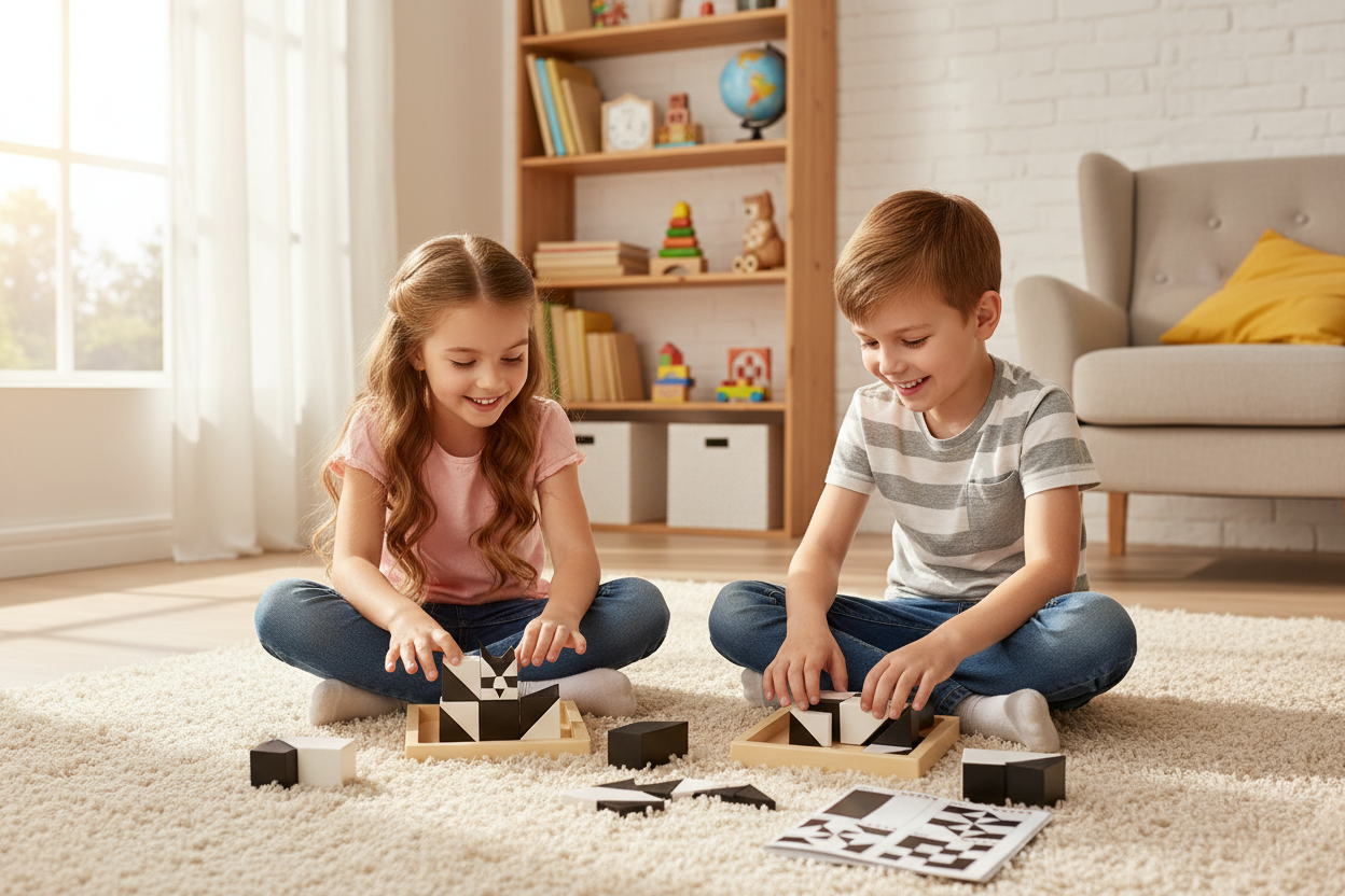 Enfants jouant ensemble tangram puzzle - créativité imagination jeu éducatif