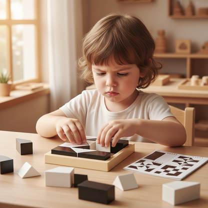 Enfant 4 ans concentré jouant tangram puzzle bois noir blanc - développement motricité fine Montessori