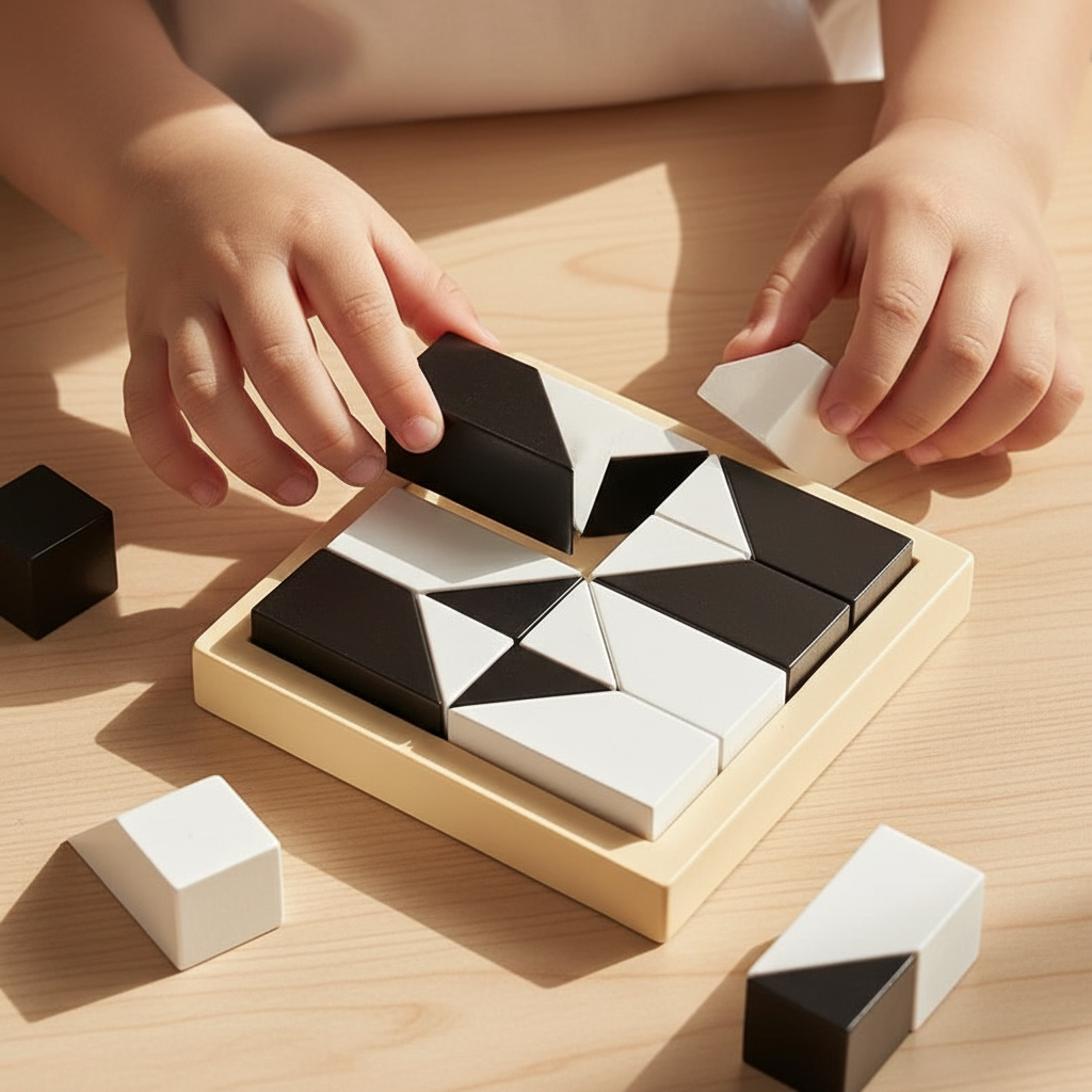 Mains enfant créant motif symétrique tangram - apprentissage géométrie spatiale