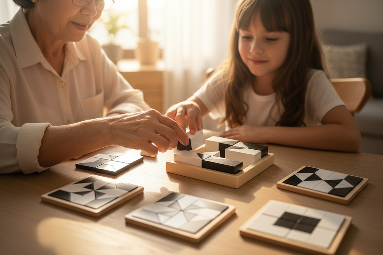Grand-mère et enfant apprenant tangram ensemble - jeu éducatif intergénérationnel