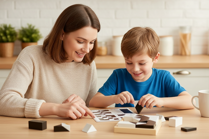 Parent et enfant apprenant ensemble avec tangram éducatif - jeu famille Montessori