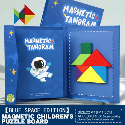 Tangram, Puzzle Magnétique en Bois pour Enfants, livret bleu