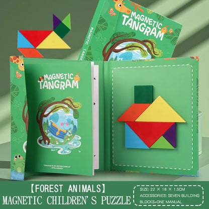Tangram, Puzzle Magnétique en Bois pour Enfants, livret animaux-foret