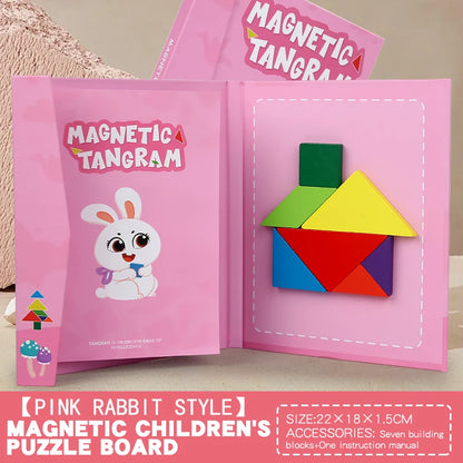 Tangram, Puzzle Magnétique en Bois pour Enfants, livret rose