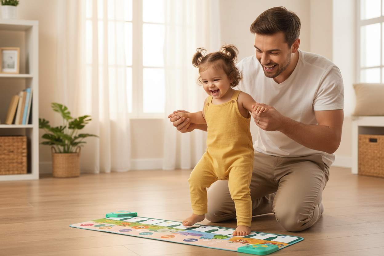 Papa aidant son enfant à jouer en rythme