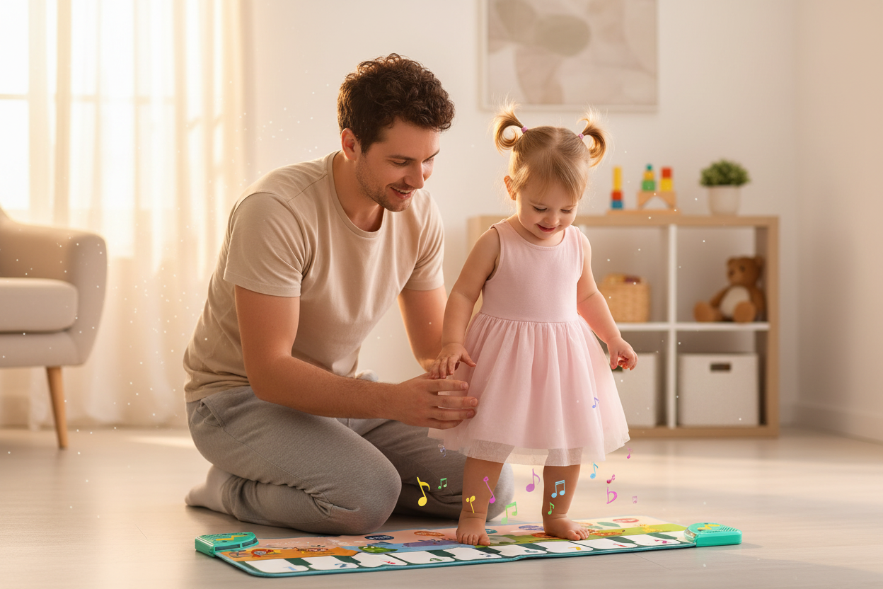Parent guidant l'enfant sur le tapis piano