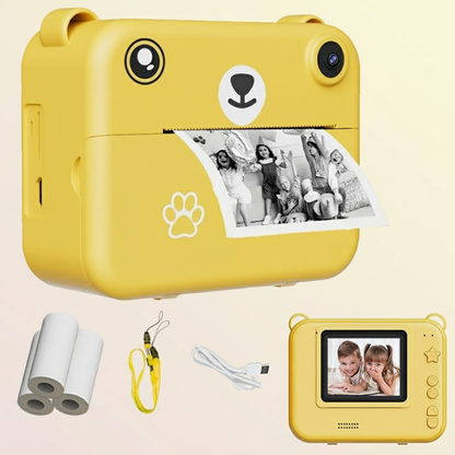 Appareil photo jaune avec fond pastel