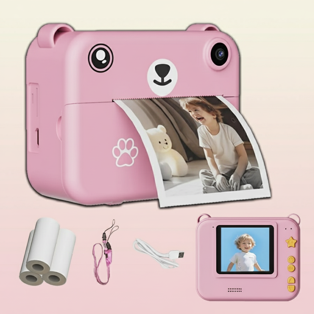 Appareil photo rose avec fond pastel