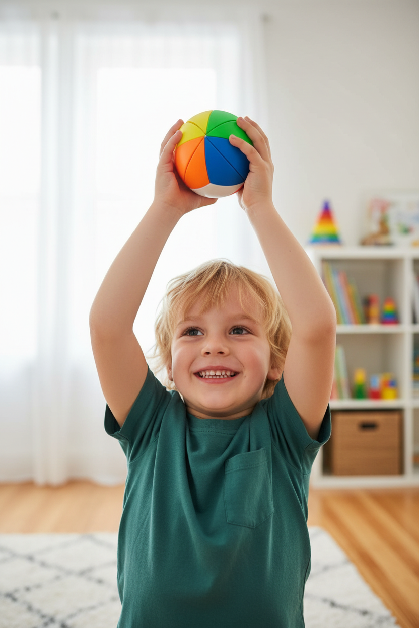 Enfant fier d'avoir résolu le puzzle arc-en-ciel