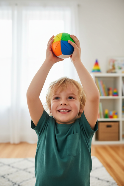 Enfant fier d'avoir résolu le puzzle arc-en-ciel