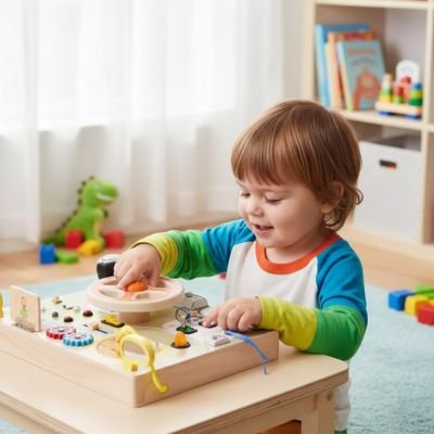 Busy board • jouet sensoriel bois avec interrupteur lumière pour motricité fine