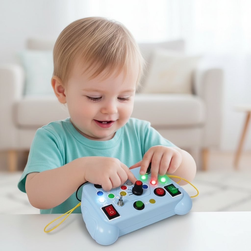 Mains de l'enfant appuyant sur boutons avec concentration et joie. Design portable avec sangle jaune.