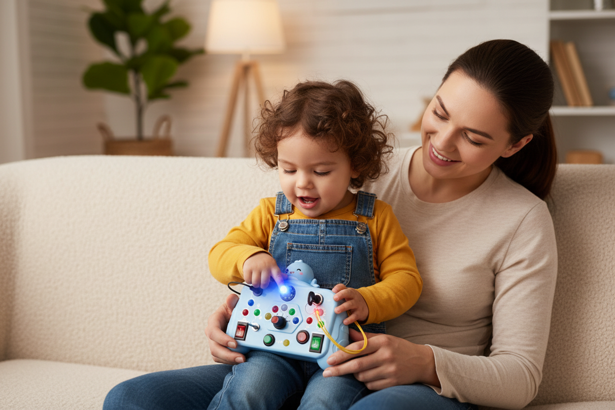 Parent enfant Busy Board LED bleu baleine complicité