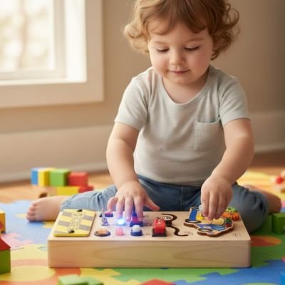 Busy board • planche sensorielle bois interrupteurs et lumières pour motricité fine