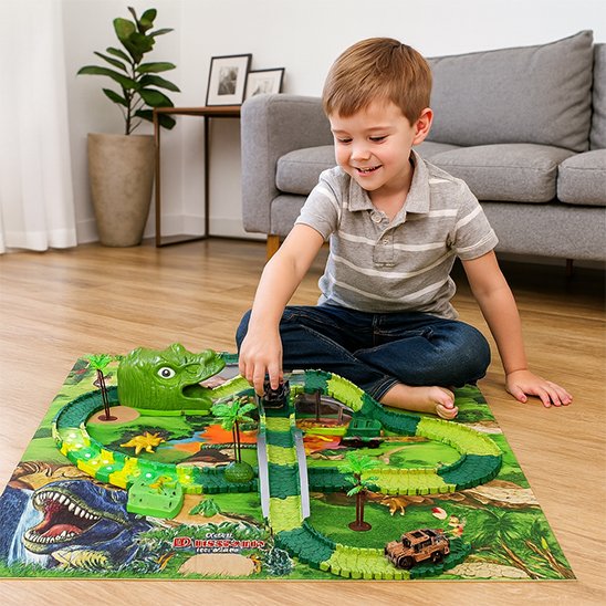 Circuit voiture enfant  avec dinosaures et obstacles