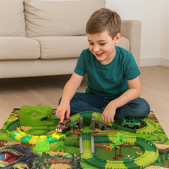Circuit voiture enfant dino track 225 pièces avec tunnel tête de dinosaure