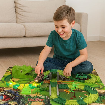 Circuit voiture enfant dino track 225 pièces avec tunnel tête de dinosaure