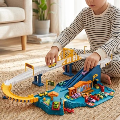 Circuit voiture enfant, jeu de course sur rail avec ascenseur et rampes