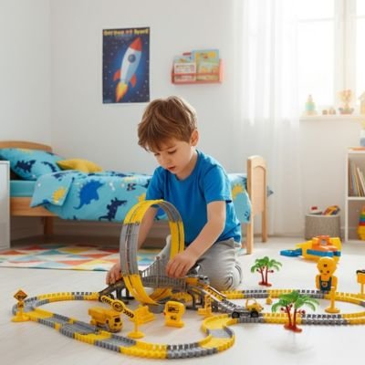 Circuit voiture enfant, jouet de construction 180 pièces avec voitures électriques