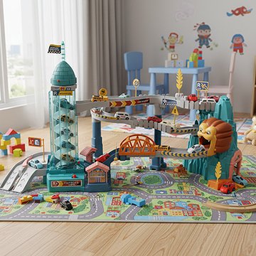 Circuit voiture enfant, lion avec ascenseur électrique