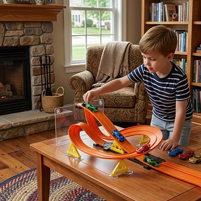 Circuit voiture enfant , piste rétractable portable fenêtres miroirs frigo