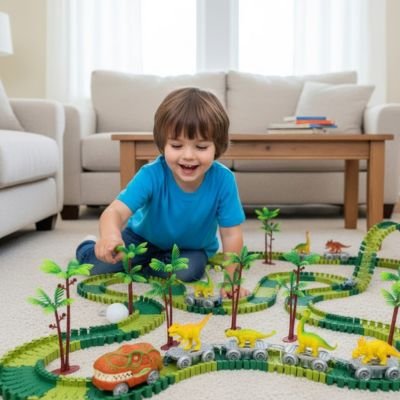 Circuit voiture enfant train dinosaure lumineux avec voiture sur piste magique