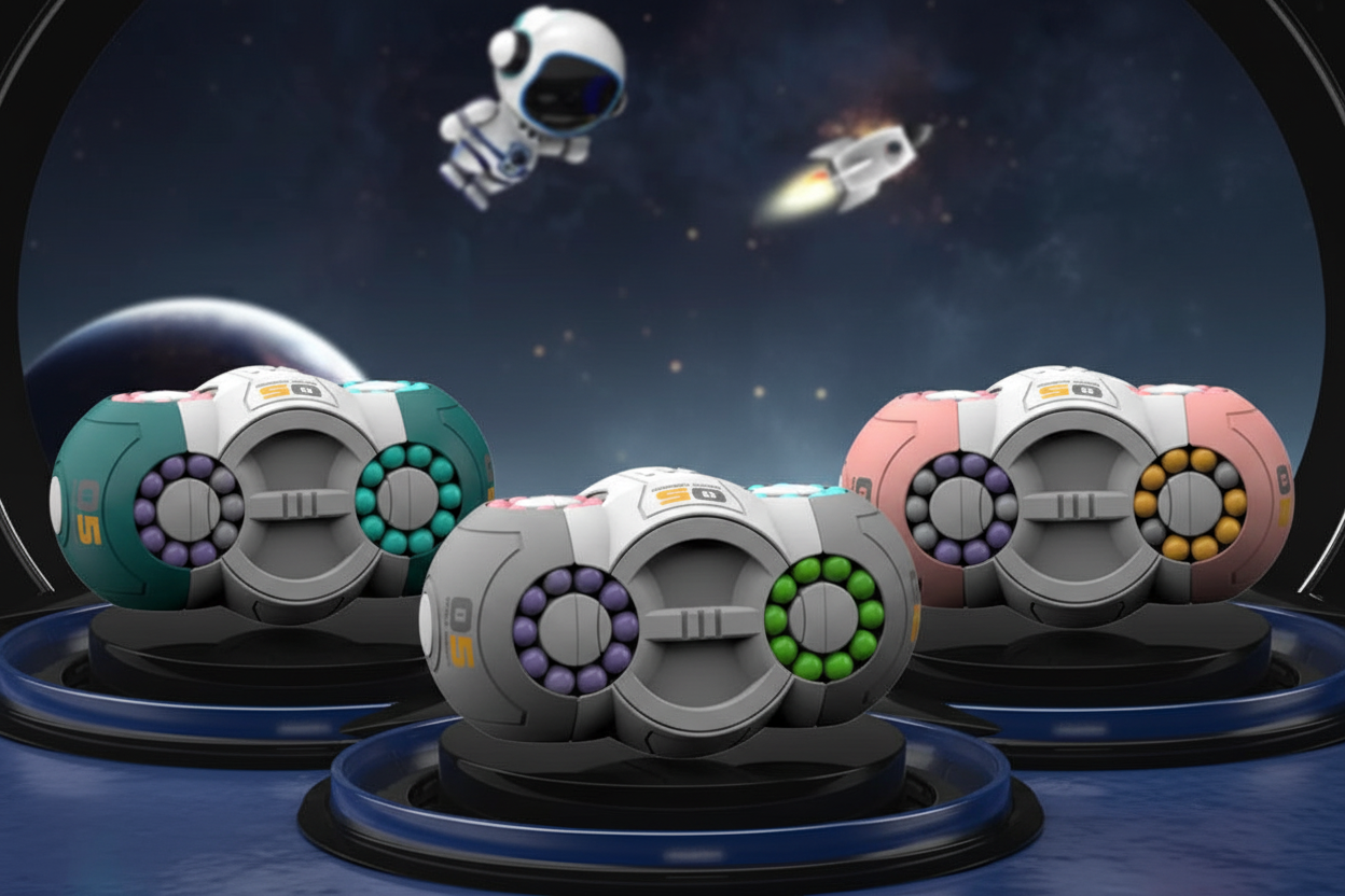 Trois variantes cube fidget anti-stress turquoise gris rose ensemble