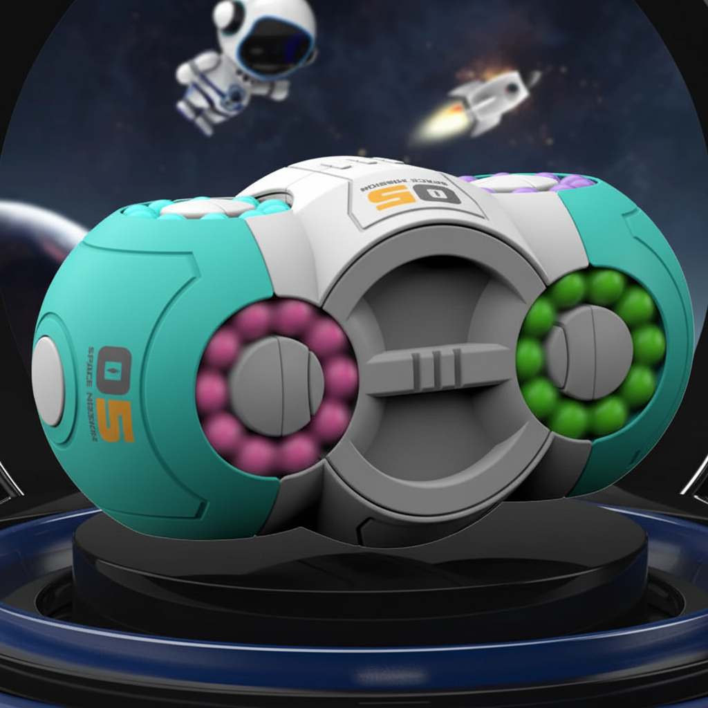 Cube fidget anti-stress turquoise mission spatiale détails premium