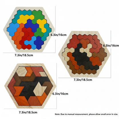 Dimensions puzzle tangram hexagonal 18.5cm x 16cm