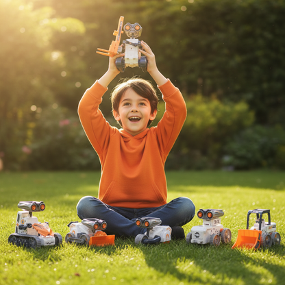 Enfant avec armée de robots jardin