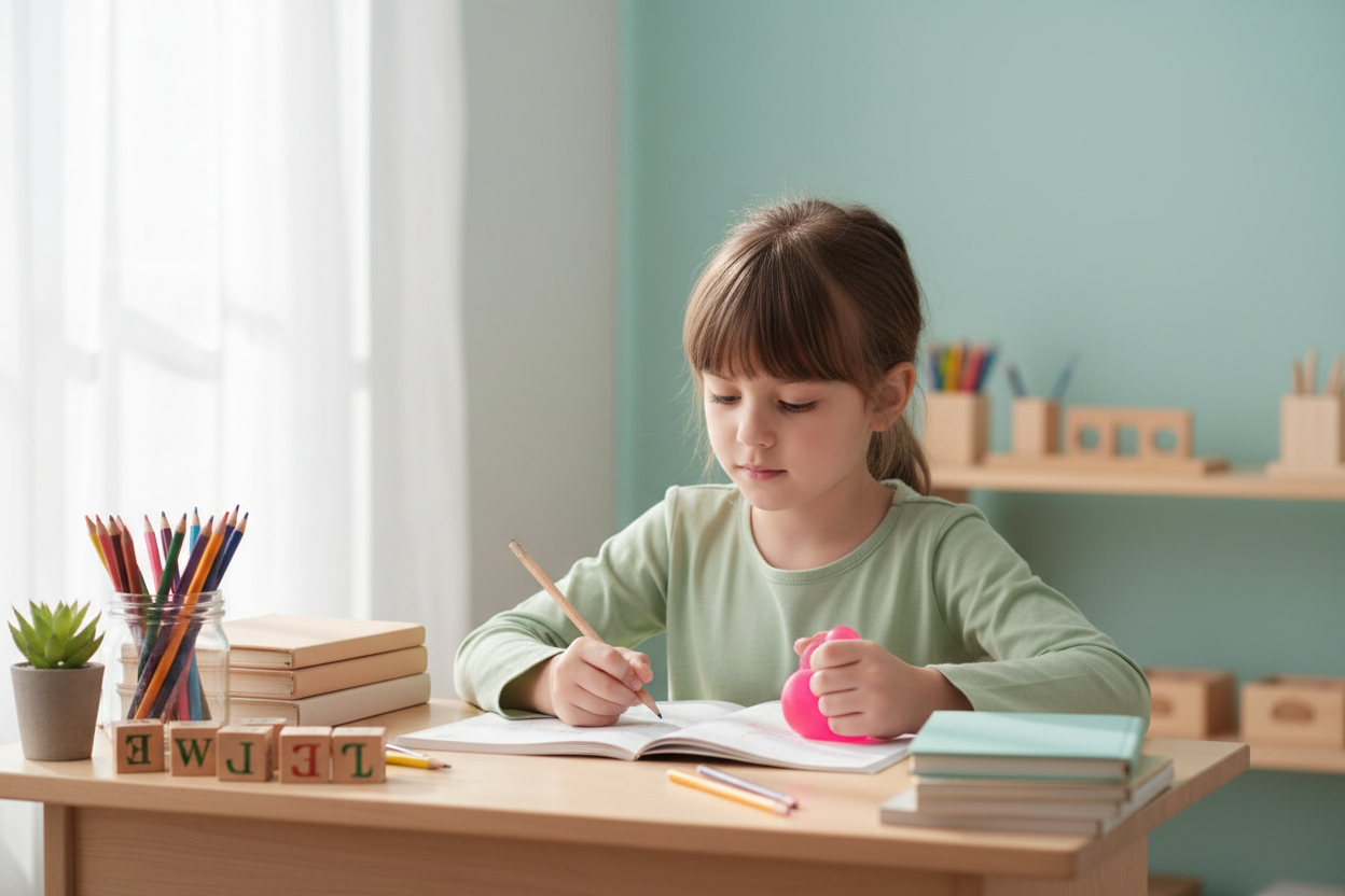 Enfant concentré avec balle anti-stress