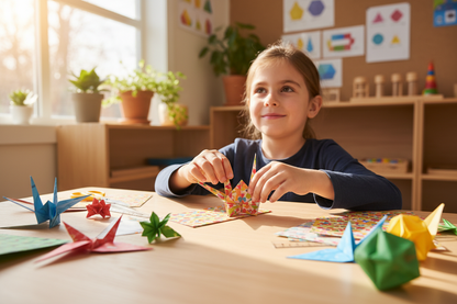 Enfant concentré développant sa motricité fine avec l'origami