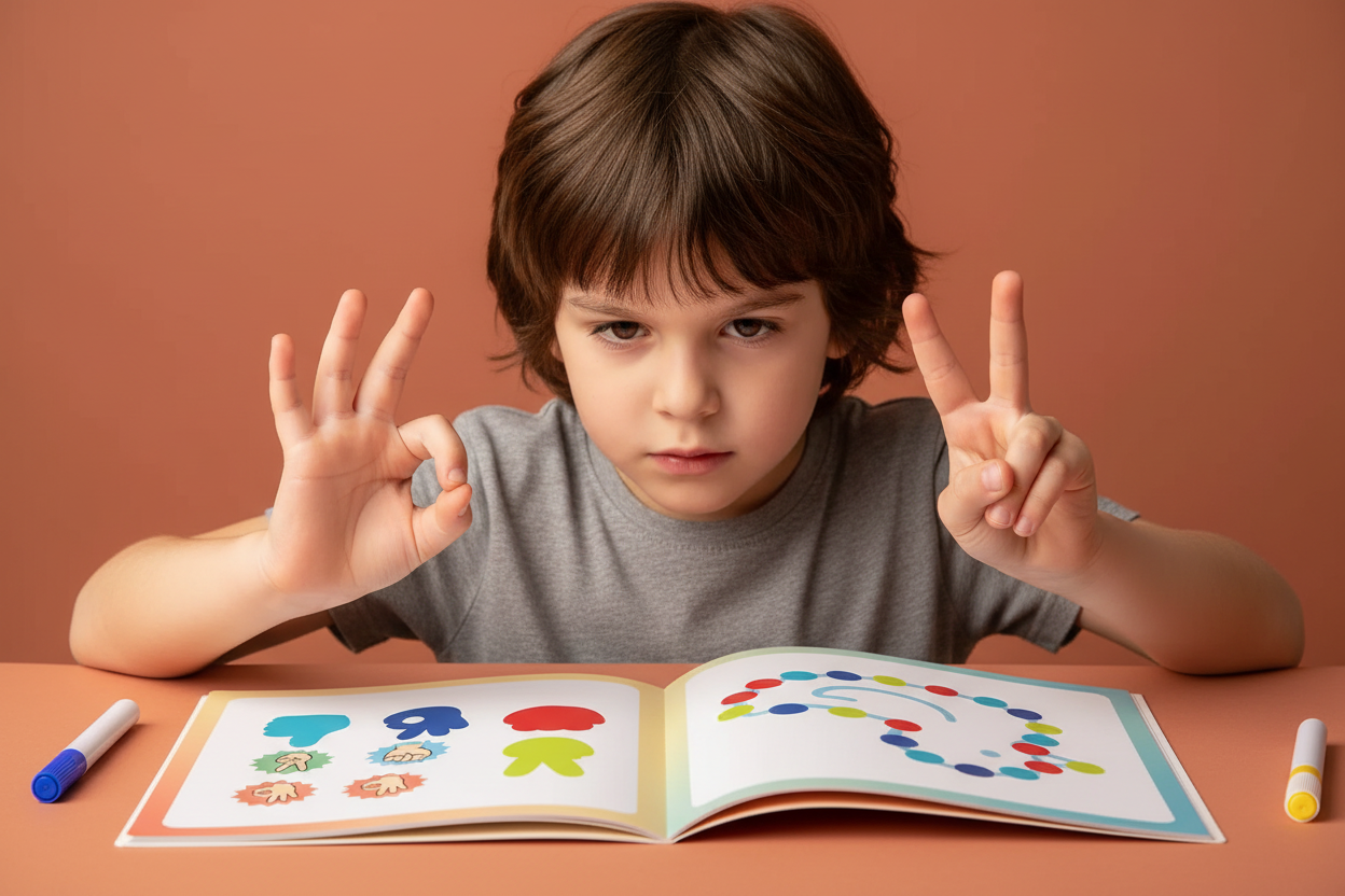 Enfant faisant les gestes avec le cahier