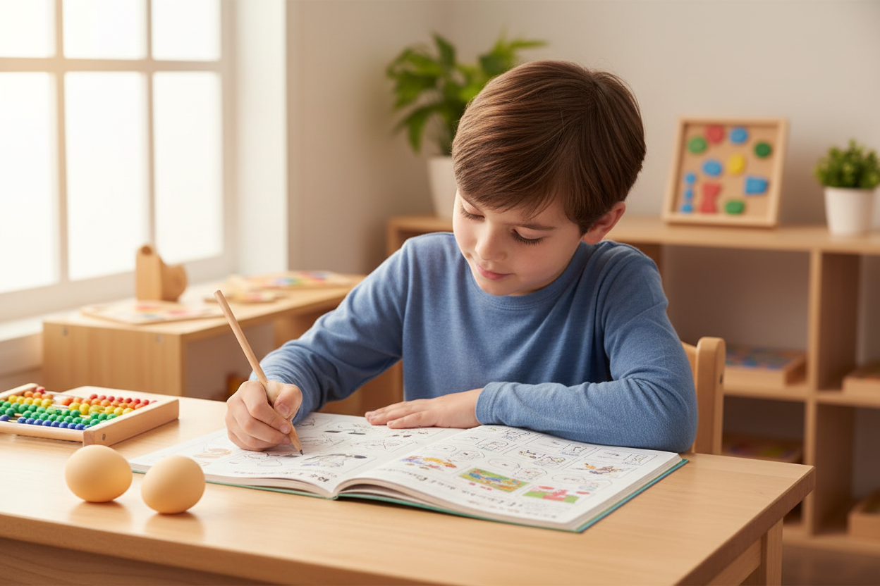 Enfant faisant ses devoirs avec balle œuf