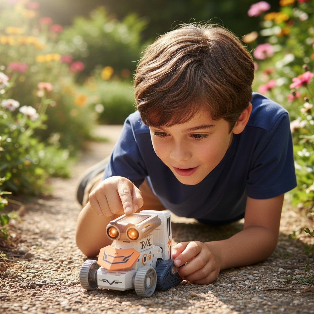 Enfant fasciné robot solaire jardin