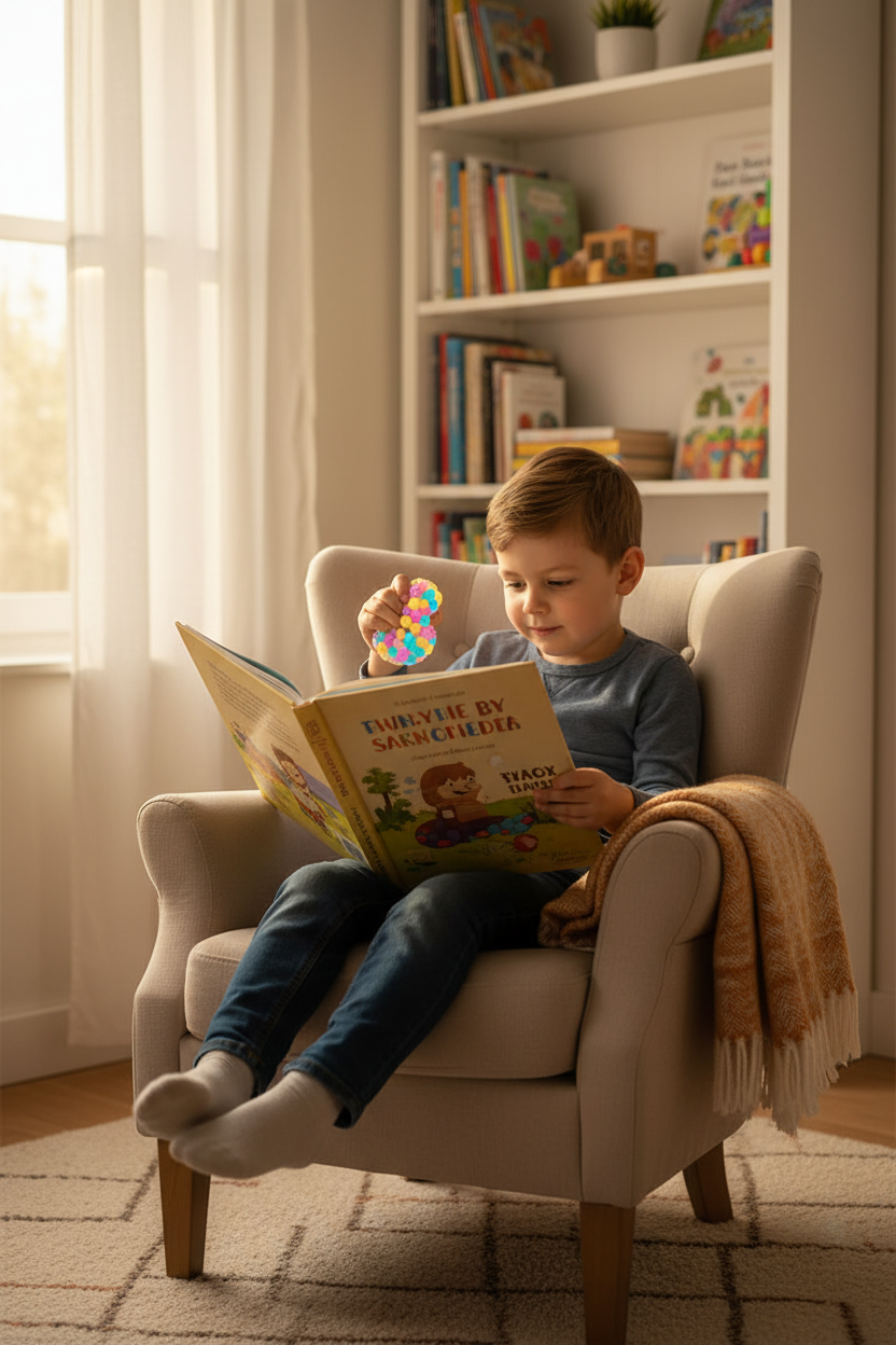 Enfant lisant avec balle à billes