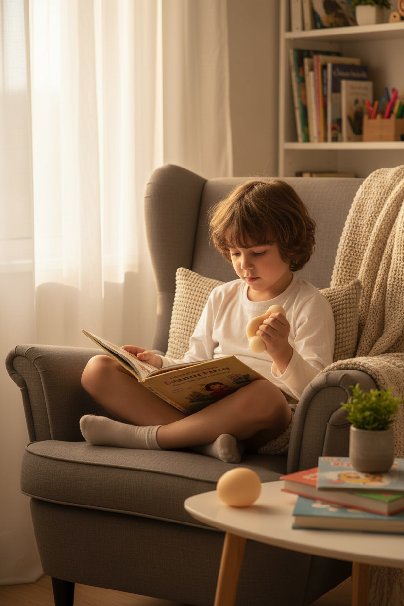 Enfant lisant avec balle œuf