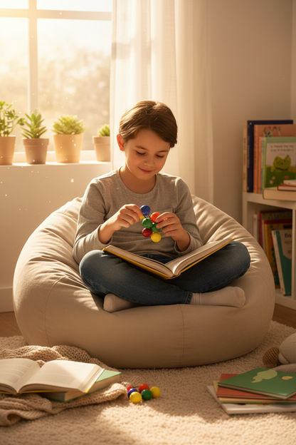 Enfant lisant avec perles anti-stress