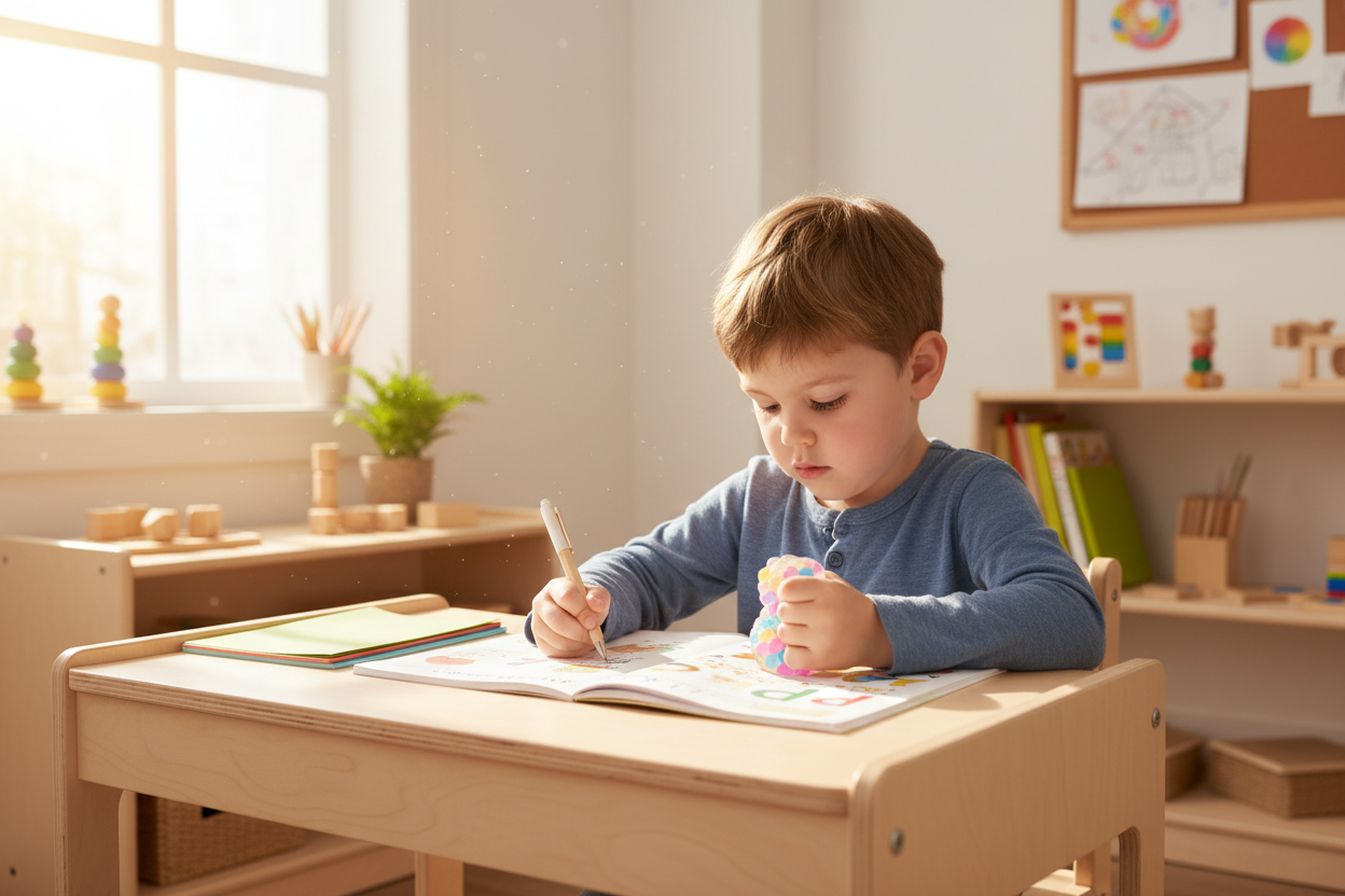 Enfant étudiant avec balle à billes
