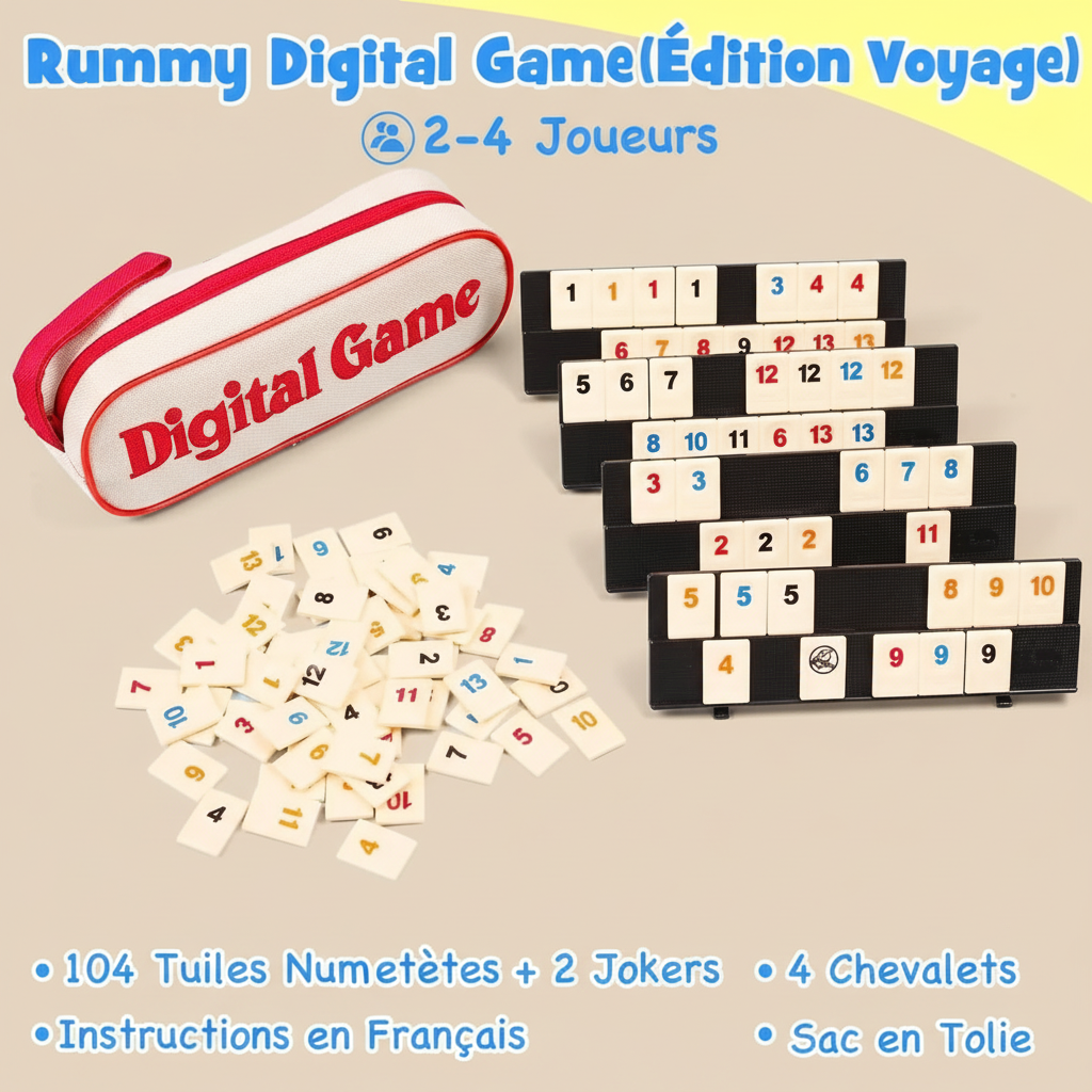 Rummy Digital Game édition voyage - 104 tuiles numérotées 2-4 joueurs - jeu société portable