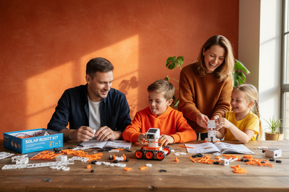 Famille 4 personnes assemblage robot solaire 