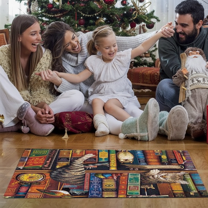 Famille de quatre personnes jouant au puzzle 1000 pièces motif bibliothèque à Noël